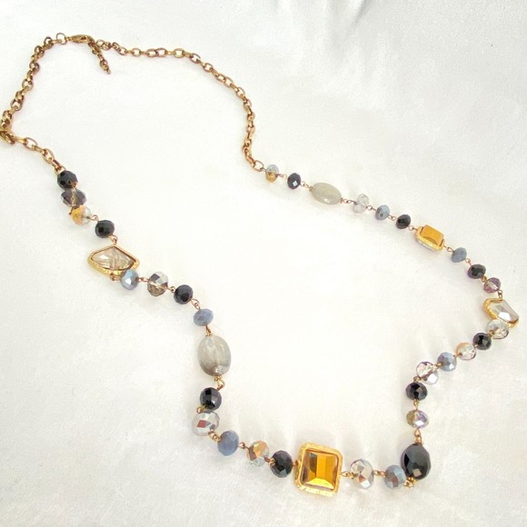 Multi Media Chain Opera Necklace Brass Tone Chains With Beads & Rhinestones - Picture 3 of 7